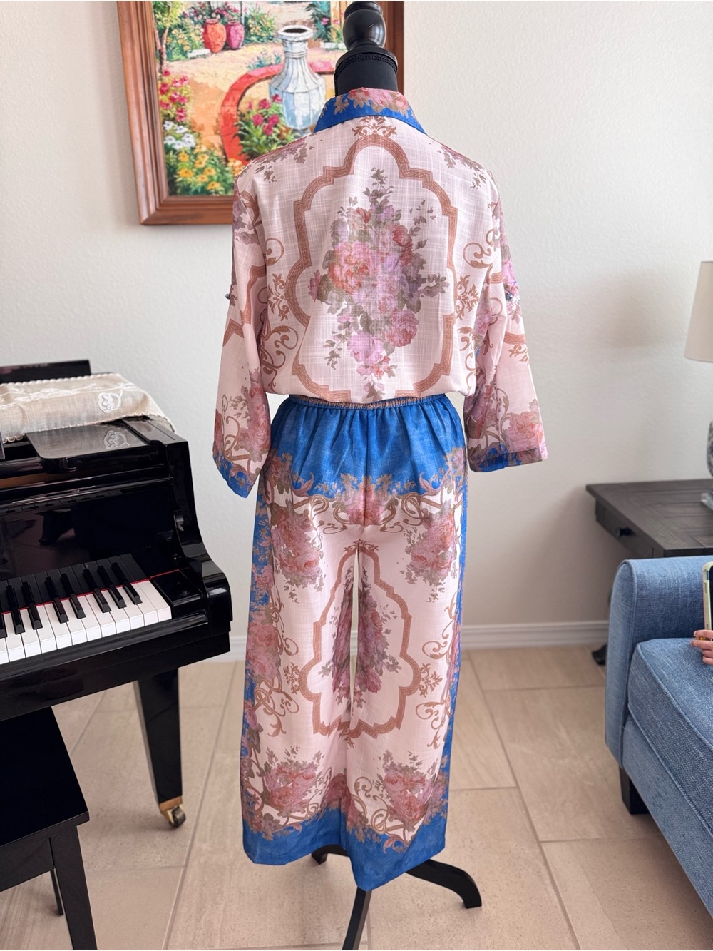 Women's Pink & Blue Printed Linen Jumpsuit - Picture 5 of 16